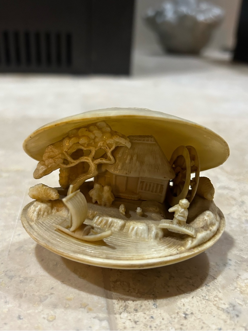vintage Japanese carved celluloid clam shell diorama